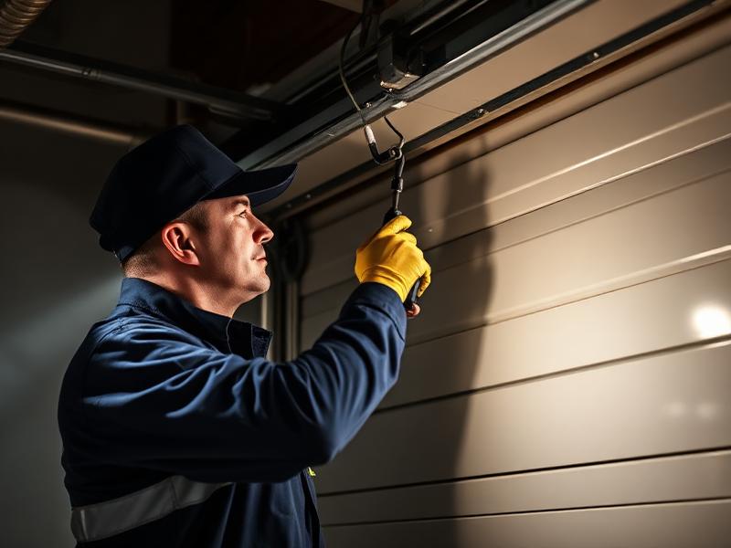 Emergency garage door repair technician fixing broken spring at night in Richland